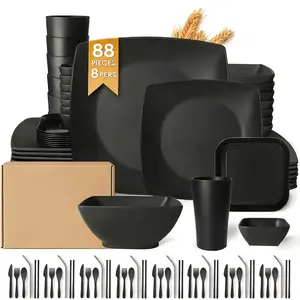 88-Piece Kitchen Flatware & Dinnerware, Wheat Straw Plastic Square Dishes, Unbreakable Serving Plates, Snack Containers, Dip Bowls, Water Cups, Washable by Dishwasher, Black Set