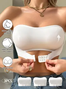 Women's Wireless Strapless Front Buckle Bra Set, Anti-Slip No Underwire Unlined Crop Top, Casual Daily Everyday Wear Innerwear, 3 Piece Pack, Fit