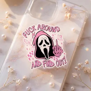 Pink Ghostface F*ck Around Find Out Phone Grip, Cute Pastel Goth Griptok, Whimsical Sassy Quote Smartphone Stand, Horror Gift For Her