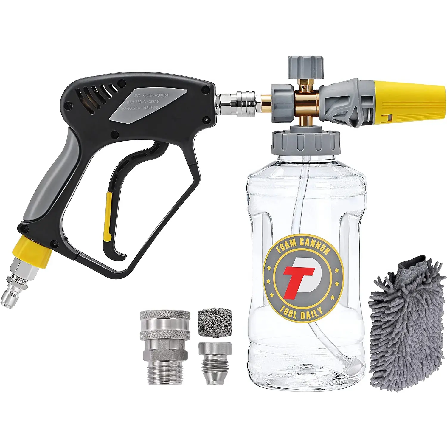 Tool Daily Foam Cannon withHandheld Water Spray Tool 5000 PSI, Pressure Washer Spray Foam Maker with 3/8'' Swivel Quick Connector, Adjustable Foam Blaster, M22 and 1/4 Inch Quick Connect, 1.5 Liter, DealsForYouDays