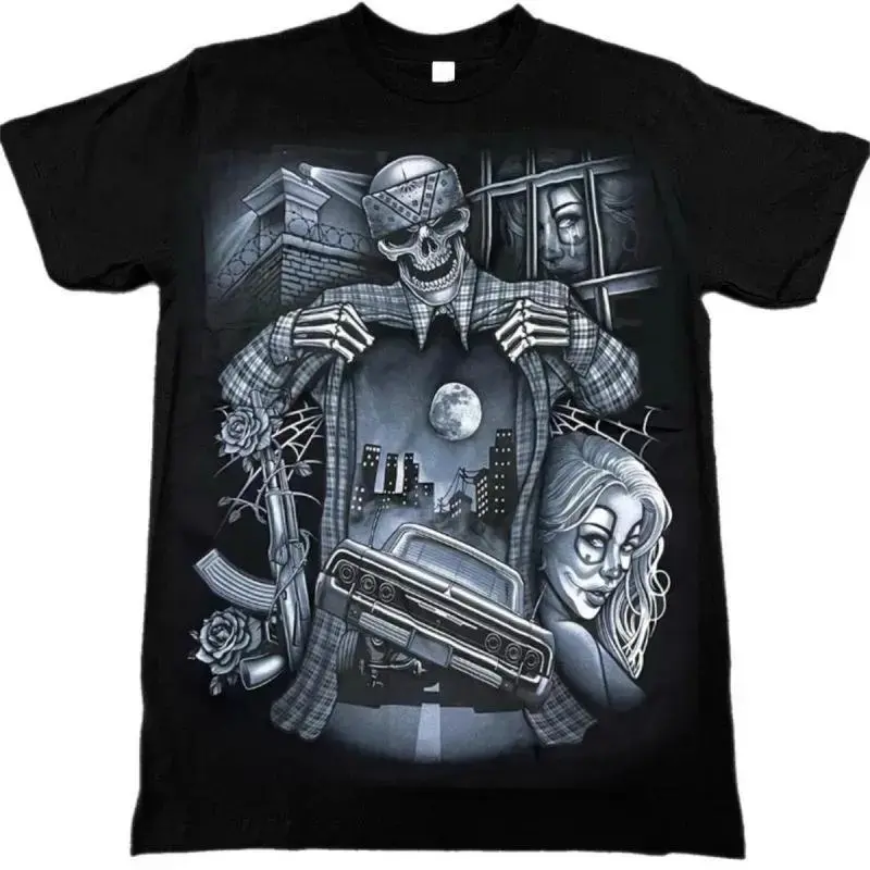 Unisex 100% Cotton Cholo Skeleton Impala Graphic T-Shirt - Menswear Tops, Normal Type Clothes, Relaxed Crew Neck, Short-Sleeve, Vivid Graphics, No Peeling, All-Season Sports & Outdoor Apparel, Relaxed Fit