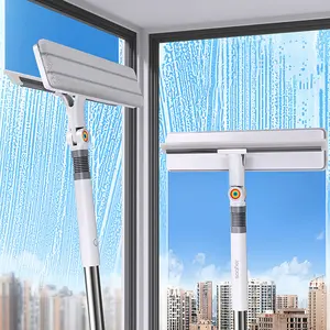 Joybos Glass Wiper with Silicone Scraper for High Windows, Shower Doors and Car Windshields, Home Essential 2-in-1 Durable Metal Pole Glass Cleaning Set, Easy-Grip Design, Ergonomic Handle Design | Sturdy and Durable Metal Pole wall mop