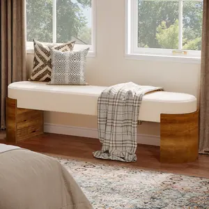 Tribesigns 59" Upholstered Bench for Bedroom, Modern Entryway Bench with Engineered Wood Frame, Oval Ottoman with Faux Lambswool Fabric, High-Density Foam Seat (White & Brown)