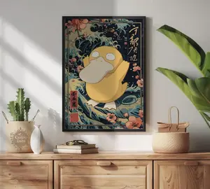 Psyduck Poster: Japanese Tapestry Style Pokemon Anime Poster - Printable Wall Art for Bedroom Decor, Psyduck Artwork