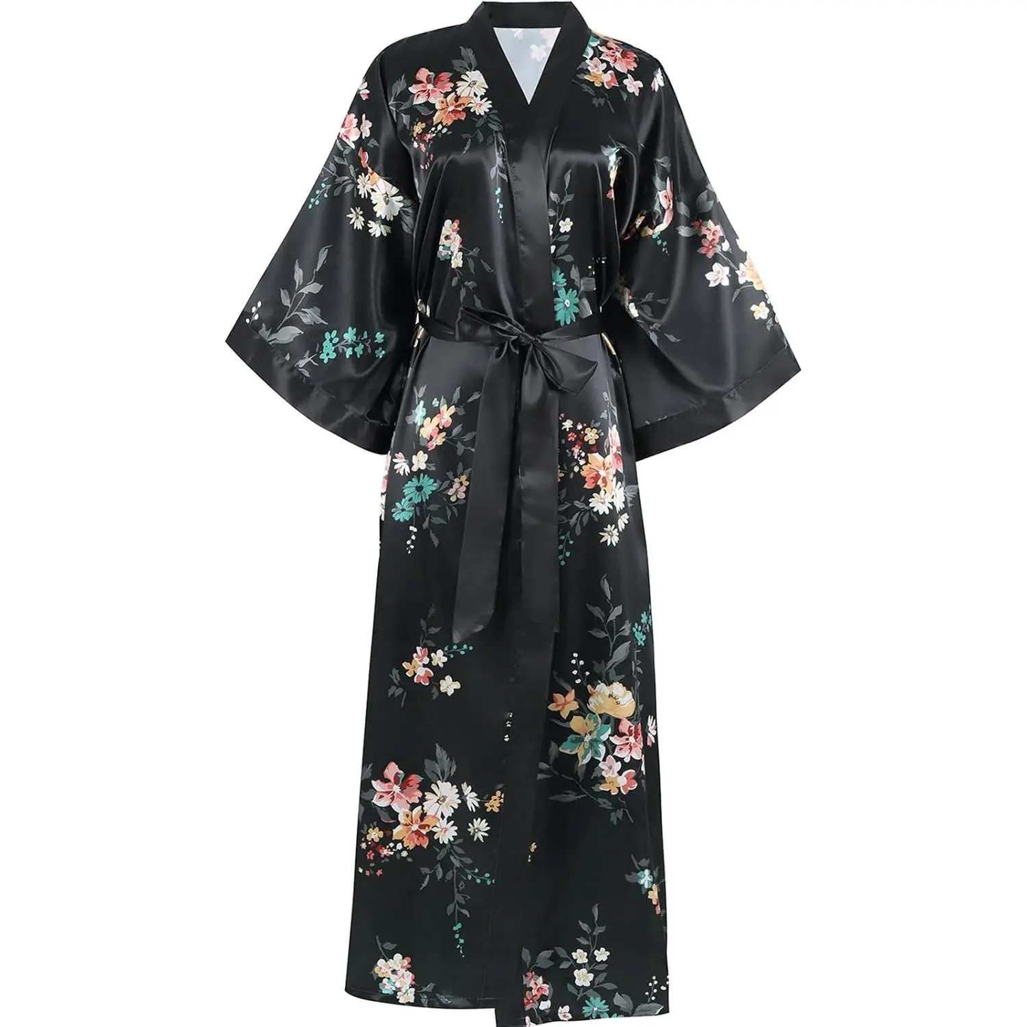 Women's Long Silk Kimono Robes, Floral Soft Bathrobe Bride Sleepwear with Practical Pockets, Breathable and Not Stuffy, Anniversary, Weddings Bridal Party Gifts, Lightweight Luxury Dressing Gown Black White Wine Green Champagne One Size summervibes☀️ camp