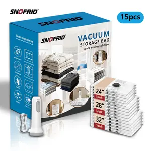 Snofrid Cordless Travel Vacuum Storage Compression Bag Set (15-Pack, 3 Sizes) - USB Rechargeable Handheld Pump with Built-In Battery, Waterproof Reusable Space Saver for Clothes, Ideal for Carry-On Suitcases