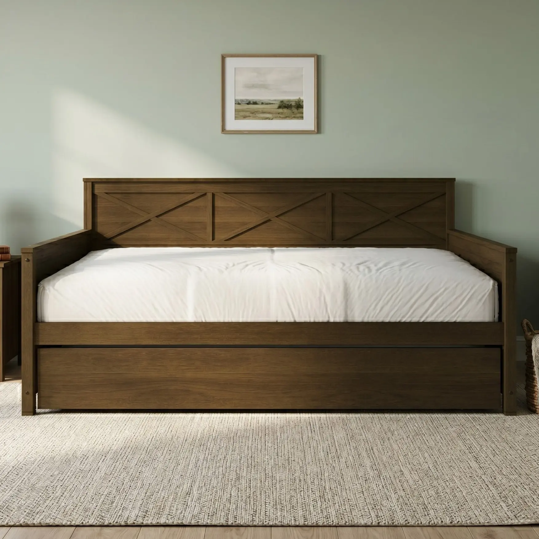Favorer Minot Twin Wood Daybed with Pull-out Trundle - Rustic X-Pattern, Solid Rubberwood Frame, Space-Saving Design, Brown Finish/ Black Finish