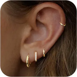 FourPairsSmallHoopEarringsForWomen-WideHuggieEarscapePiercingPack-GoldenHoopEarringsSet