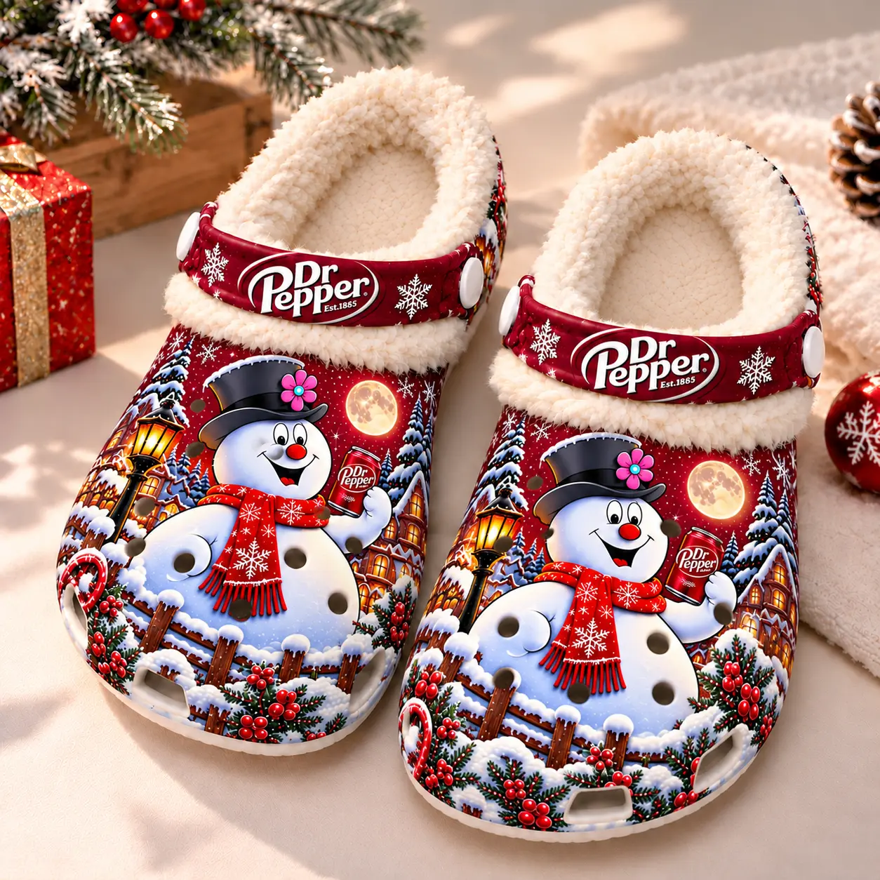 Christmas Dr Pepper Frosty Snowman Fuzzy Clogs, Winter Holiday Plush Lined Slippers, Cozy Warm Slip On Shoes, Festive Xmas Indoor Outdoor Clogs, Christmas Gifts for Men Women