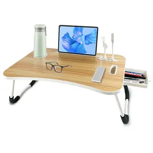 Foldable Laptop Bed Desk Tray with 4 USB Ports Portable Lap Table Tiltable Tabletop Wood Workstation Storage Drawer Cup Holder for Home Bed Couch Working Reading