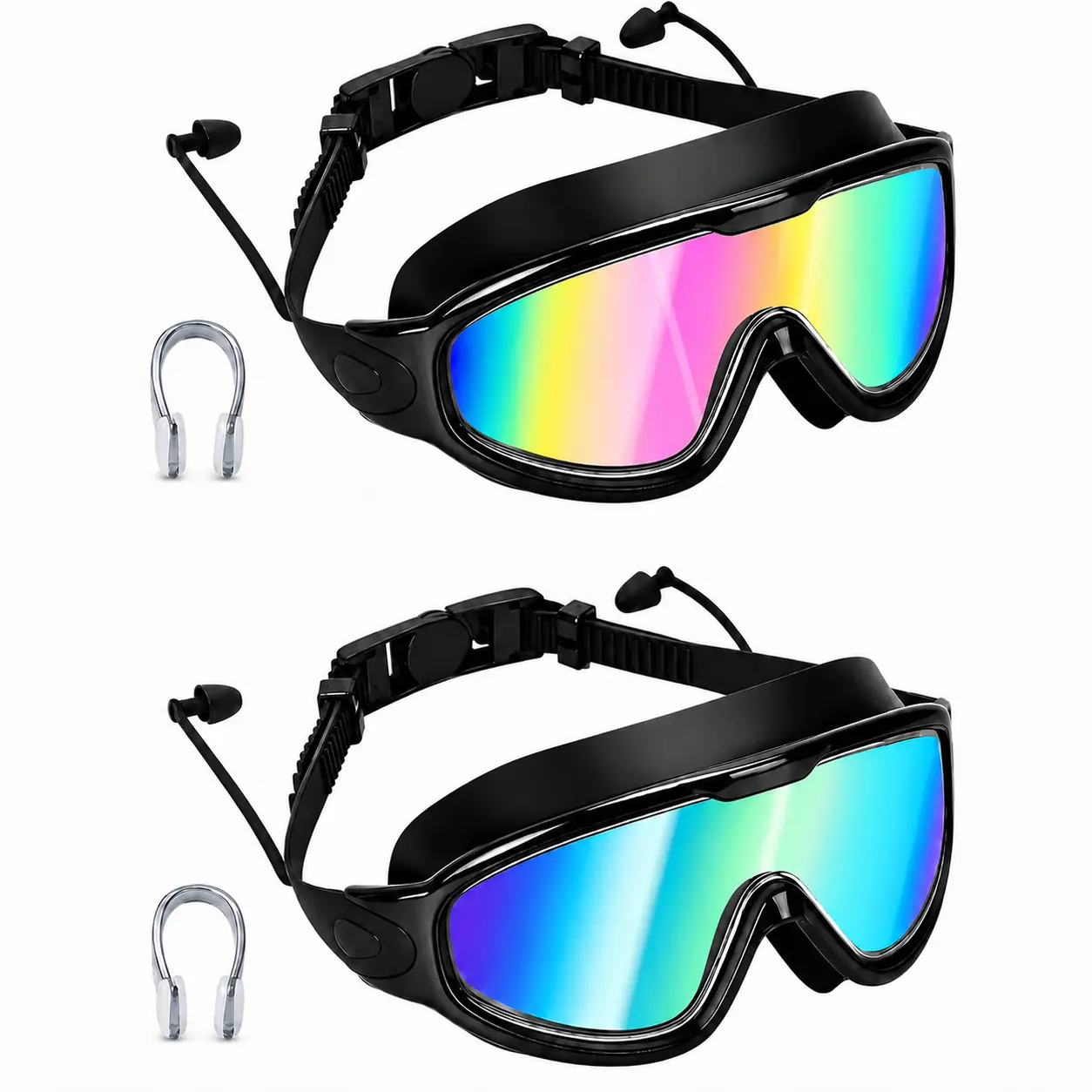 GMOX Adult Swim Goggles with Attached Ear Plugs, Wide View Silicone Leakproof Pool Goggles for Men and Women, Anti-Fog UV Protection, Splash Swim Goggles