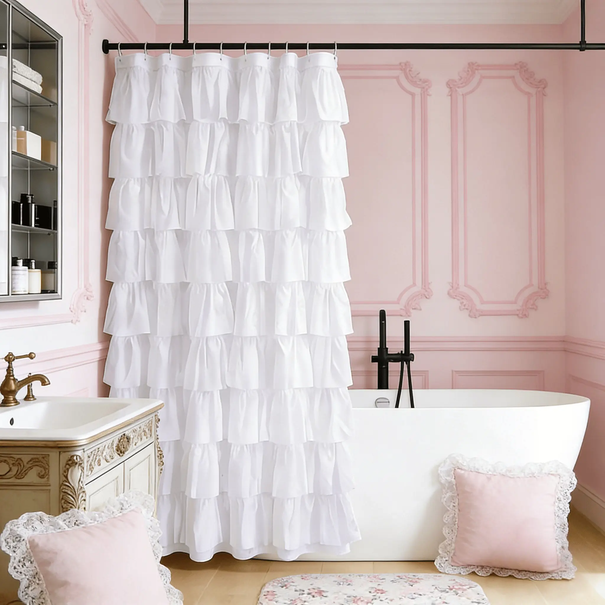 White Ruffled Pretty Shower Curtain Set, Decorative Shower Curtain, for Farmhouse Bathroom, Double-layer Fabric, Textured Design, 72 x 72 Inches, Opaque, for Elegant Decoration.