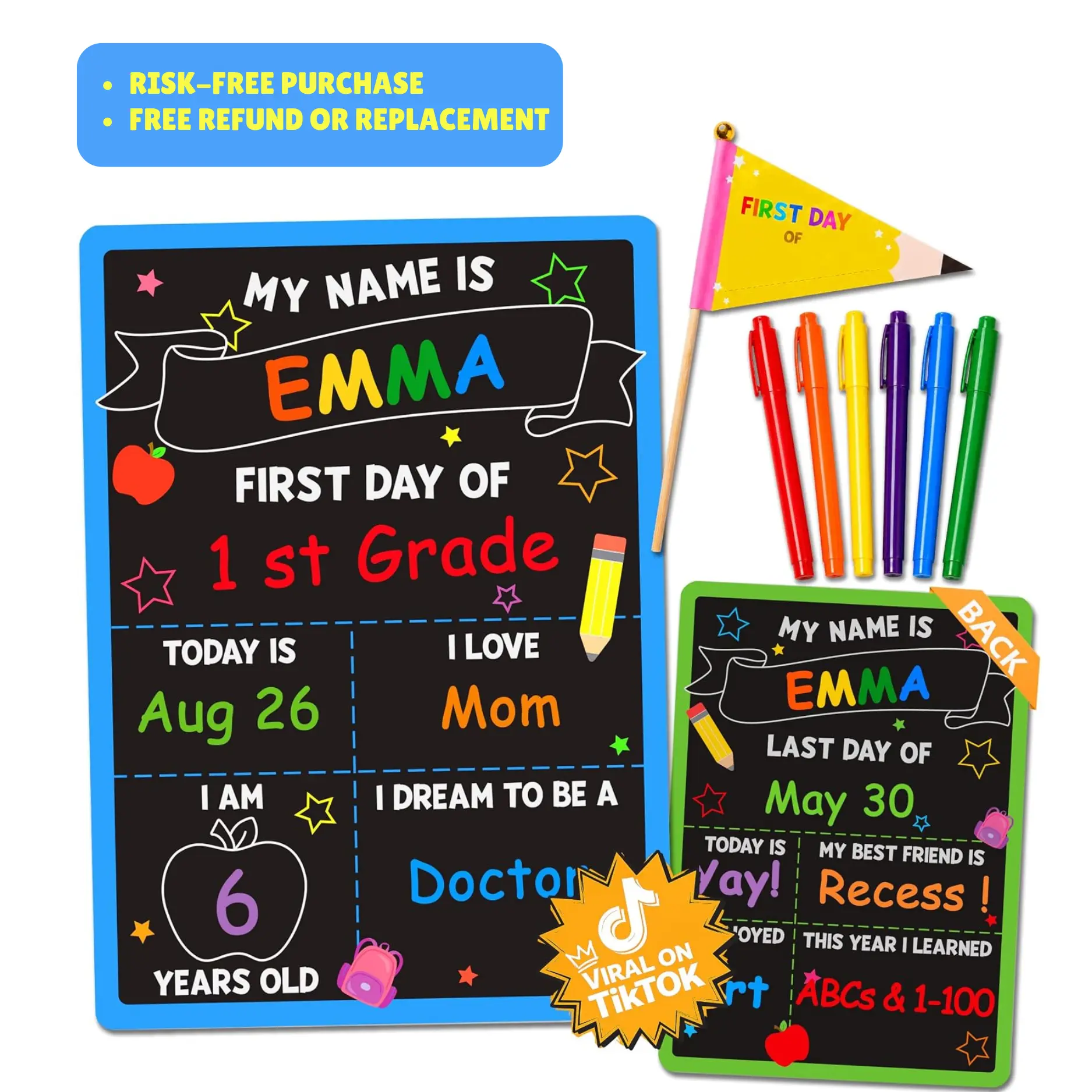 10x14 Reusable Chalkboard First Day of School Sign, 2-Sided First & Last Day Board with Markers & Pencil Pennant, 2026 Back to School Early Childhood Education Supply, Back to School Supplies Board for Kindergarten, Preschool