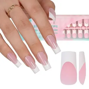 Misssix French Gel Nail Tips 240Pcs Long Square Pink, No Need to File Tips Pre-lasting, Fake Nails for Nail Art DIY 15 Sizes
