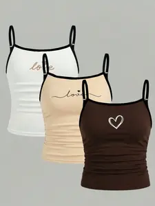 3-Pack Girls' Heart Print Sleeveless Tank Tops, Adjustable Straps, Fitted, Casual Style, All-Season Wear, Machine & Dry Washable