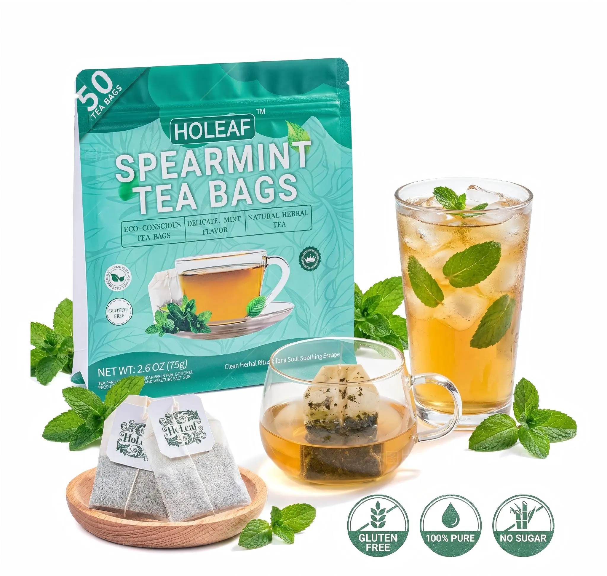 HoLeaf 100% Natural Spearmint Tea, 50 Individually Wrapped Bags, Caffeine-Free Herbal Tea, Eco-Friendly & Refreshing Mint Tea