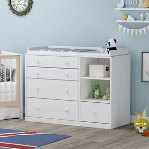 FUFU&GAGA Deborah Changing Table Dresser Antique White with Exposed Shelves, 5 Exposed Drawers & Space for Changing Pad, High-Quality Engineered Wood
