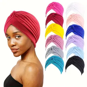 12Pcs Boho Turbans for Women Solid Color Pleated Head Wraps Classic Ramadan Beanies Chemo Cap