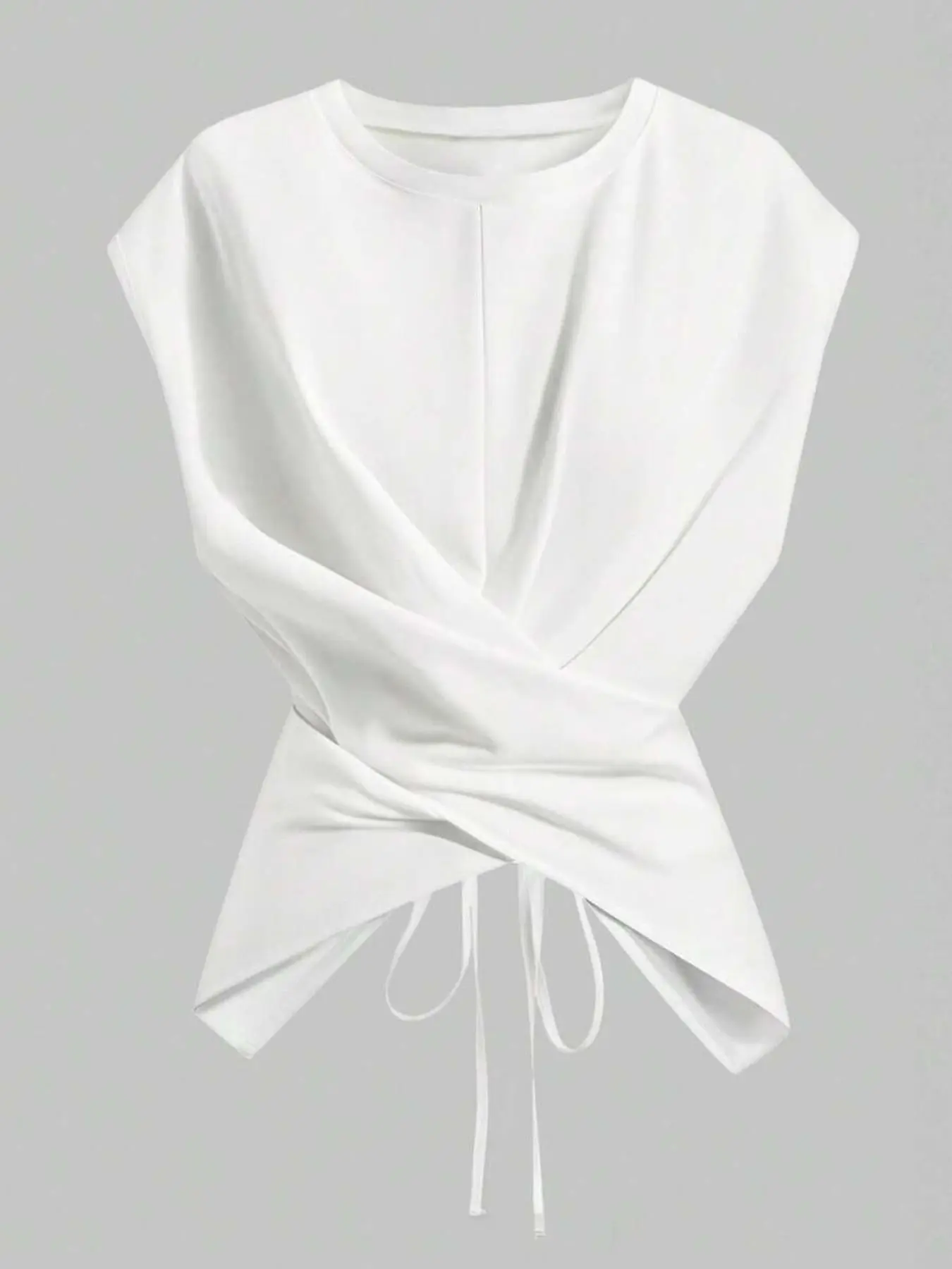 Women's Knitted Round Neck Drop Shoulder Sleeve T-Shirt, Fashion Casual Minimalist Asymmetrical Ruched Cross Cutout Back Tie Adjustable Top, Womenswear Fit, Casual Basic Top