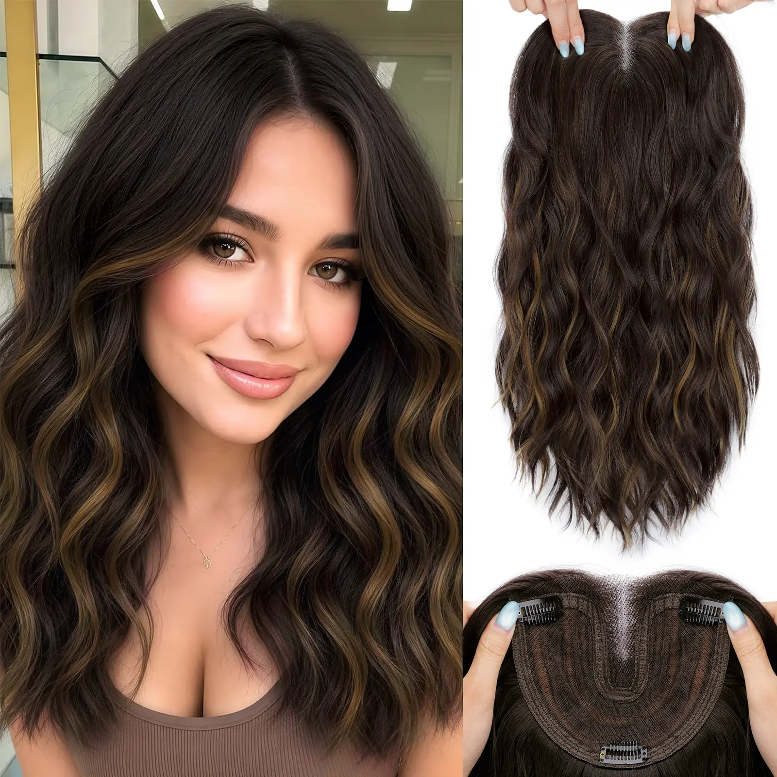 HIUSVO Hair Toppers for Women with Thinning Hair, T Part Lace Synthetic Clip in Topper Hair Extensions with Adjustable Band, 16 Inch Curly Wave Adds Volume and Natural Coverage