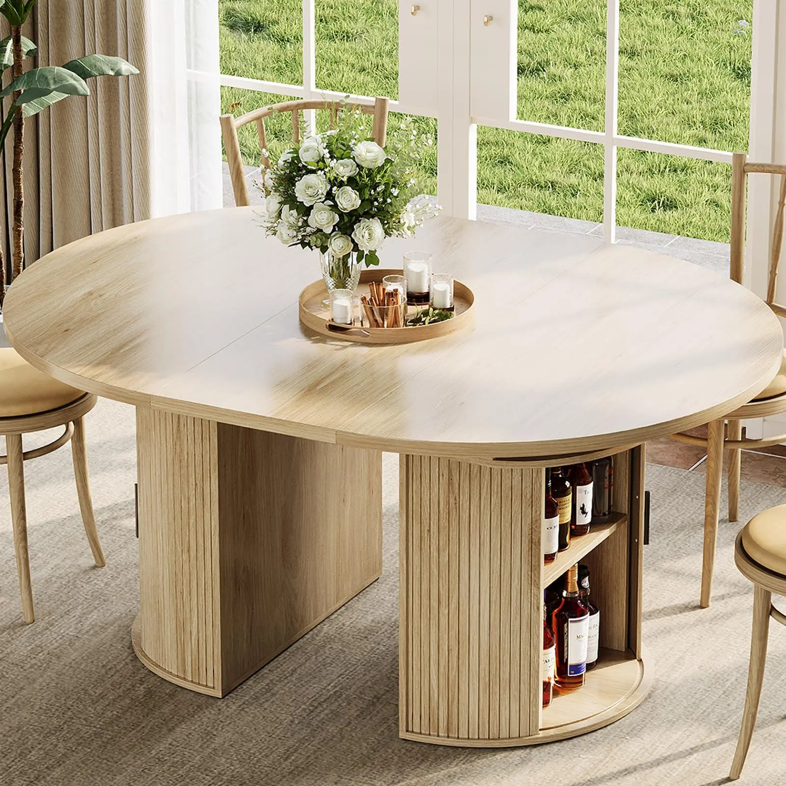 63" Extendable Round Dining Table – Expandable Oval Pedestal Table with 4-Tier Hidden Storage, Sliding Doors & Hollow Shelf – Natural Oak