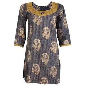 Tunic for Women 100% Cotton Printed Kurti Leaves, Flower with Velvet Round Neck with Button, 3/4 Sleeves, Long Kurta, Tunic, Top.