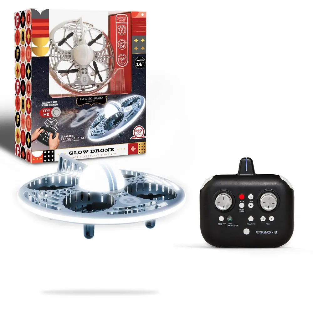 FAO Schwarz Glow Drone Quadcopter w/ LED Lights Stunt UFO Design 360° Flips Gyro