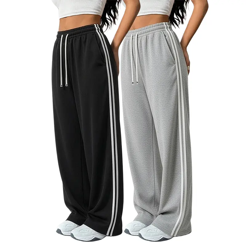Women's 2-Pack Chic Striped Drawstring Track Pants, Retro Straight-Leg Polyester Casual Pants for Gym Activewear, Drawstring Pants, Long Pants