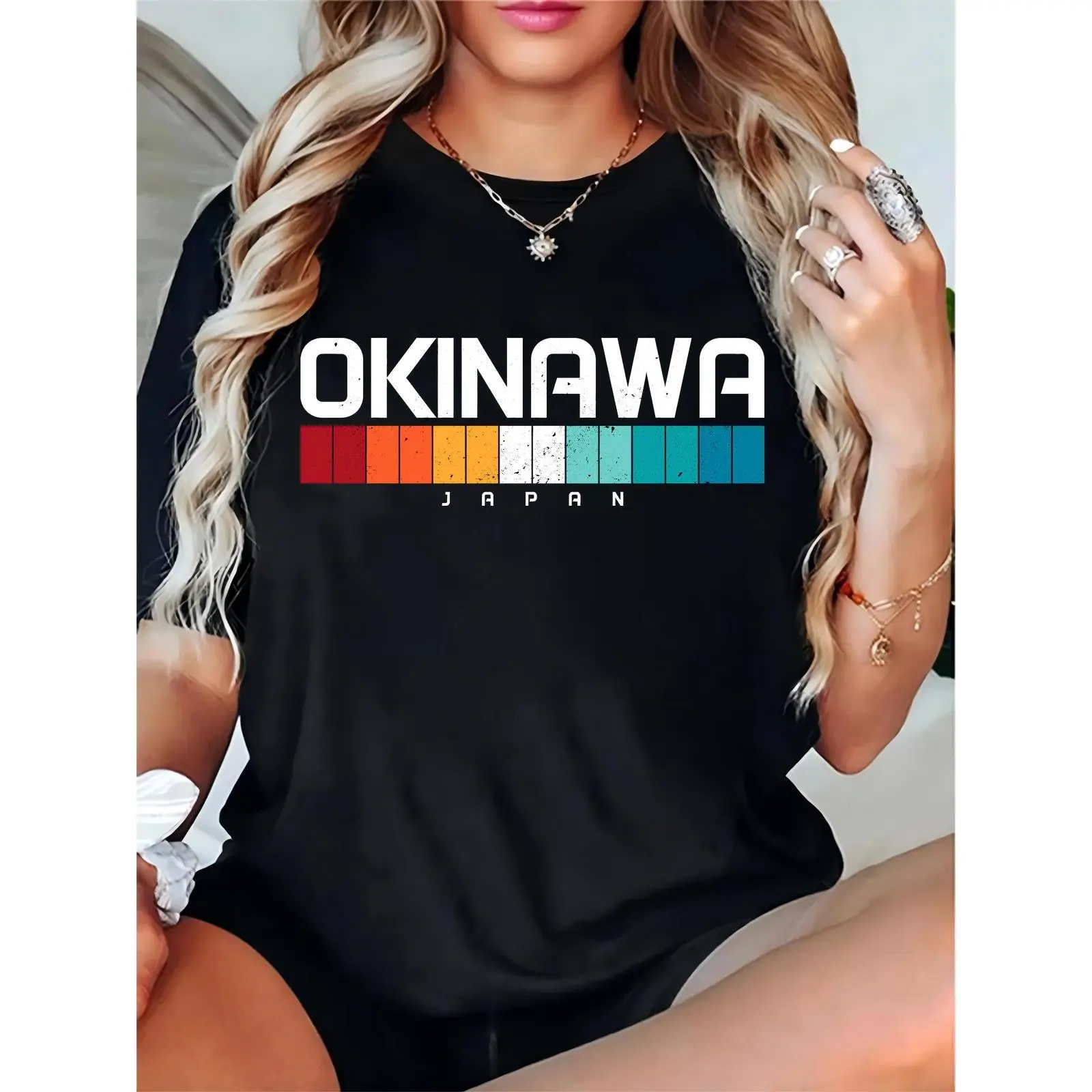 Women's Black Vintage Okinawa Japan Prints Cotton Round Neck Short-Sleeve Top, Ladies' Casual Essential Tee with Colorful Striped Accents for Travel, Vacation, Simple