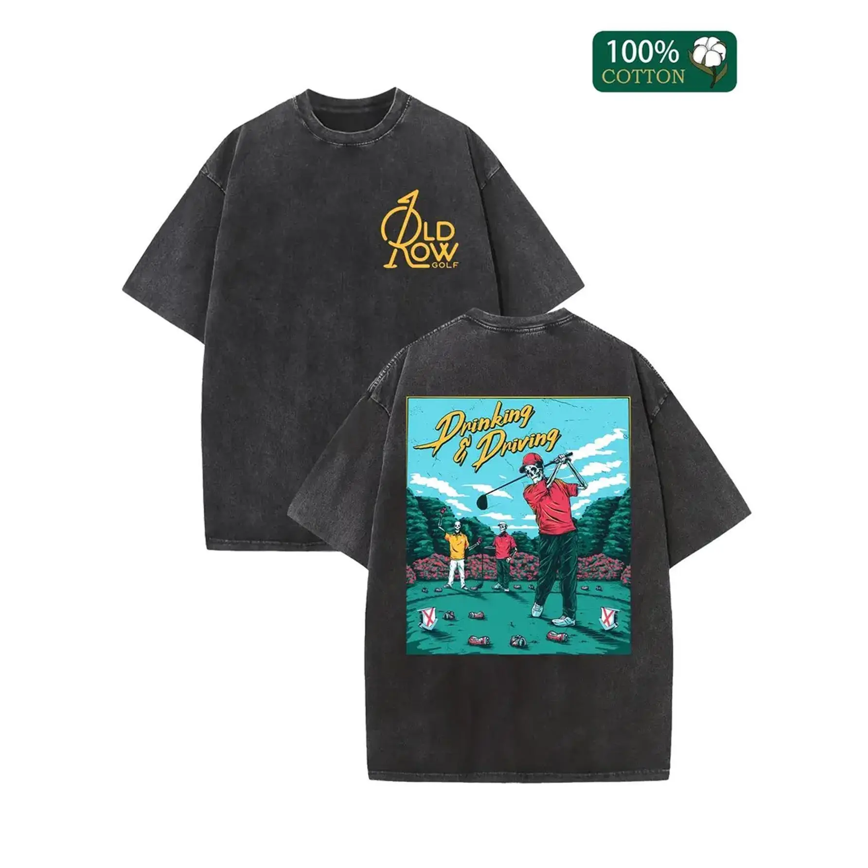 Washed Batik Retro Thickened Cotton Drink and Don’t Drive Double-sided Graphic T-shirt, Couple Style Fashionable Casual Exquisite Streetwear Crewneck