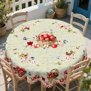 PLUMLIK Vintage Farmhouse Theme Tablecloth, Round / Rectangle Table Cover With Apple Basket, Floral, Butterfly, Polyester Waterproof, Suitable For Patio Brunch, Garden Party, Farmhouse Kitchen, Family Dinner, Gift For Housewarming, Durable And Washable