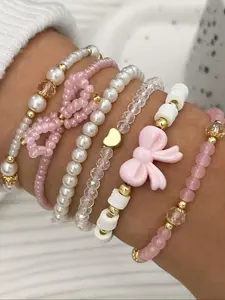 6 Pcs Glass Bead Faux Pearl Soft Clay Stackable Bracelets Set, Cute Y2K Bow Heart Design, Handmade Layered Wear Jewelry for Women, Fashionable Bracelet