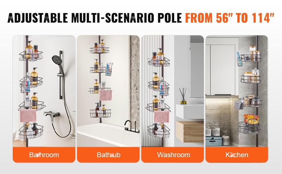 56 To 114 Inch Adjustable Shower Corner Caddy Tension Pole Rustproof Bathroom Organizer For Wet Areas, No-Drill Install, Strong Stainless Steel Construction, Anti-Rust Finish, Easy Assembly, Suitable For Small And Large Showers