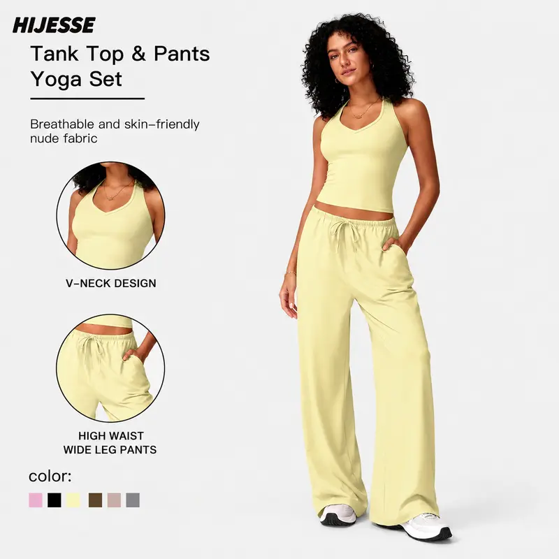 Hijesse Women's Spring Summer Casual Solid Color Pocket Set, Sleeveless Top & Loose Pants, Comfortable for Daily & Work Wear