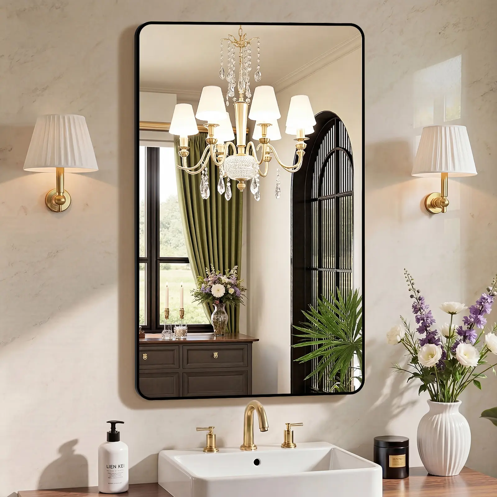 Bathroom Mirror for Over Sink,  Wall Mount Mirror with Rounded Rectangle and Matte Metal Framed, Modern Wall Vanity Mirror for Home Decor, Living Room, Bedroom, Black