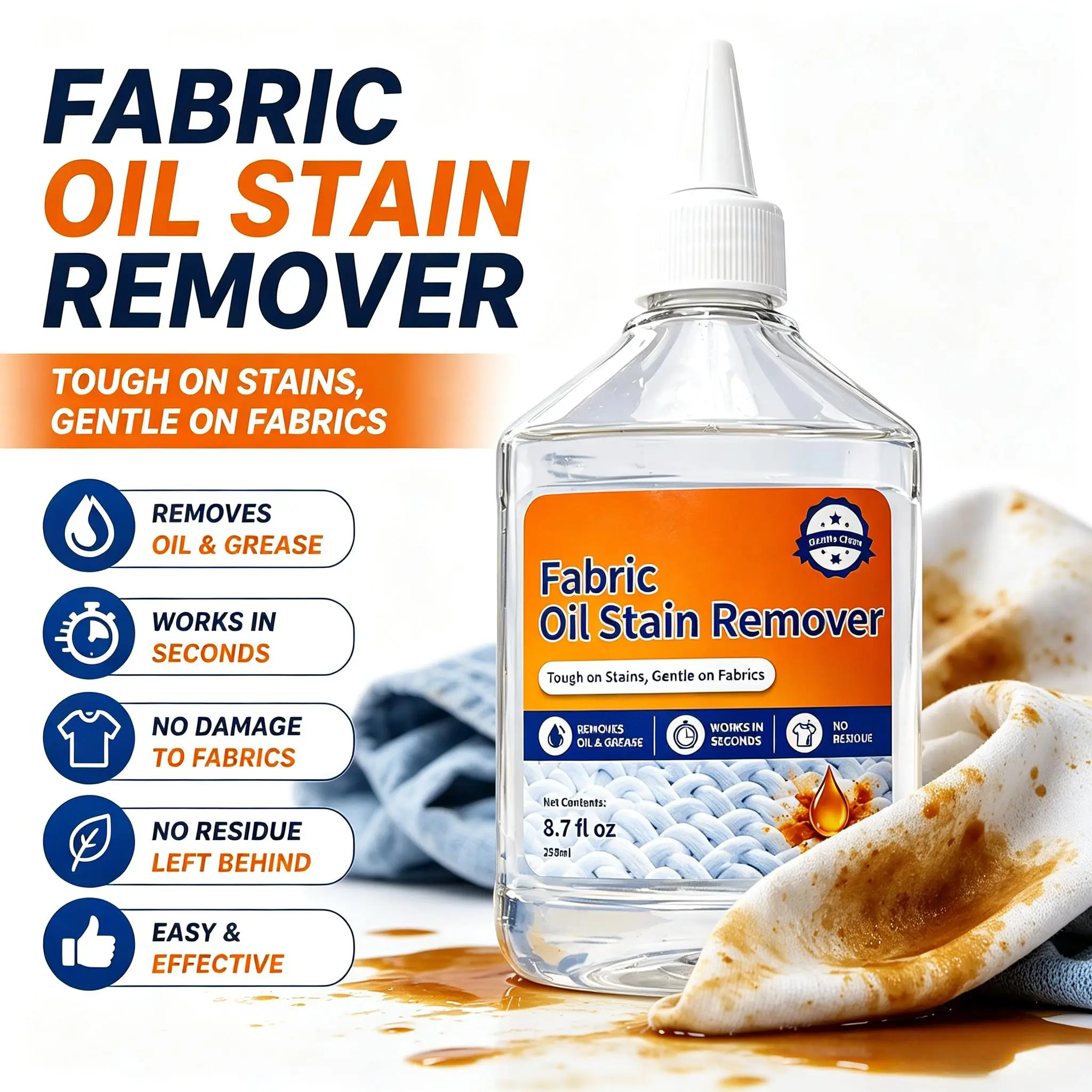 Clothing Oil Stain Cleaner, Quick Effect Fabric Degreasing Agent, Effectively Eliminate Grease and Stubborn Stains, Mild Formula Safe for All Fabrics, Leaves No Residue, 8.7 fl oz