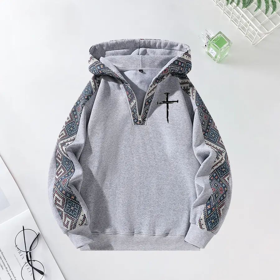 Men's Ethno-Print Hooded Sweatshirt, Regular Fit Long-Sleeve Polyester Pullover for Streetwear and Outdoors