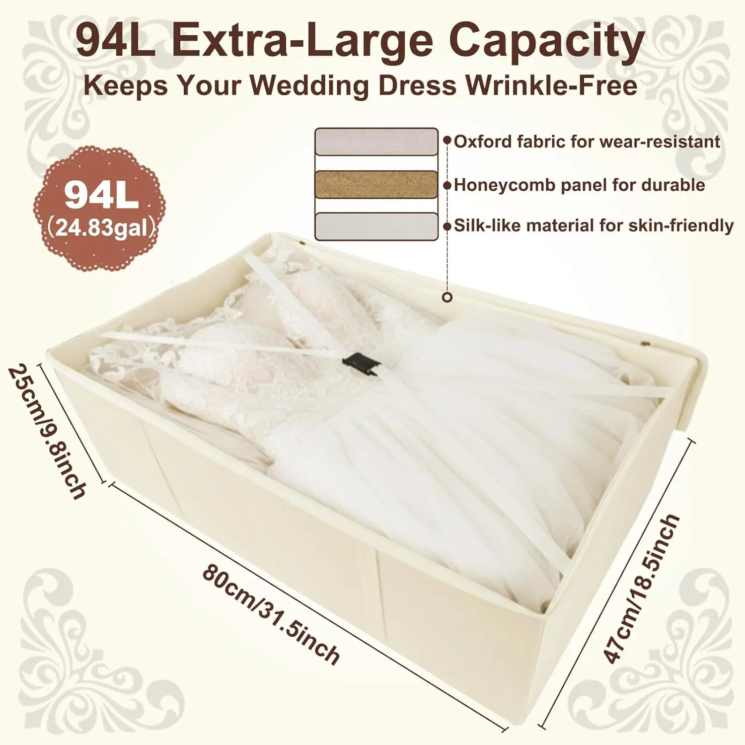 Wedding Dress Storage Box – Large Wedding Dress Preservation Box 94L with Acid-Free Tissue Paper, Cedar Wood Blocks, White Gloves & Dust Bag for Bridal Gown Preservation
