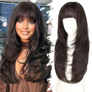 Fashion wig female Qi bangs wig layered long straight hair 4 * 4 scalp chemical fiber headgear wig,hairstyle synthetic heat resistant