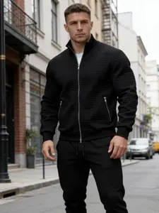 Men's Stand Collar Quilted Zipper Jacket, American Functional Casual Aesthetic Style, Plaid Texture Fabric, Dual Zip Pockets, Slim Fit, Daily Commute, Menswear