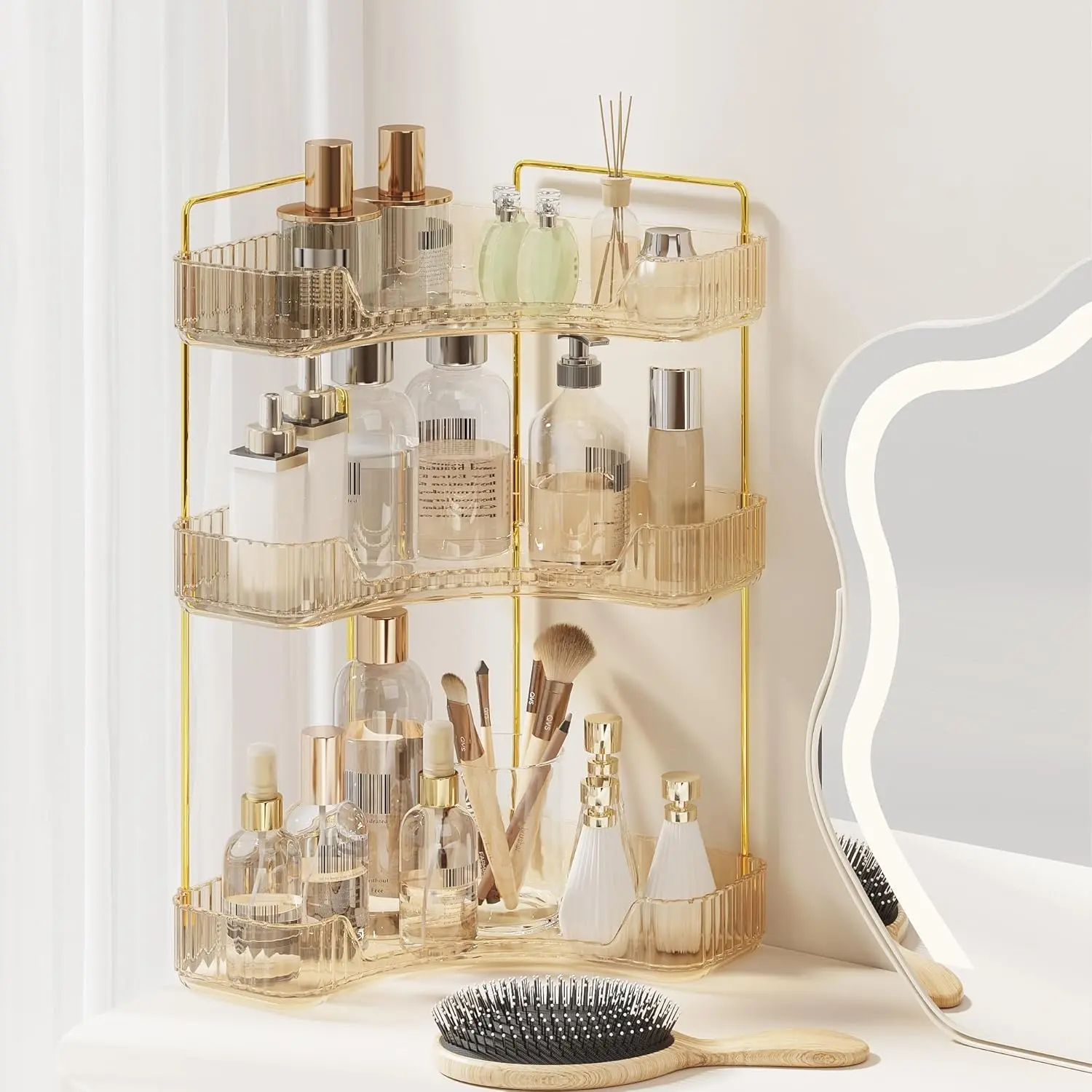 Plastic 3-Layer Transparent Storage Rack - Large-Capacity Space-Saving Desktop Corner Shelves, Makeup Organizer for Cosmetics, Skin Care Products, Bathroom Accessory