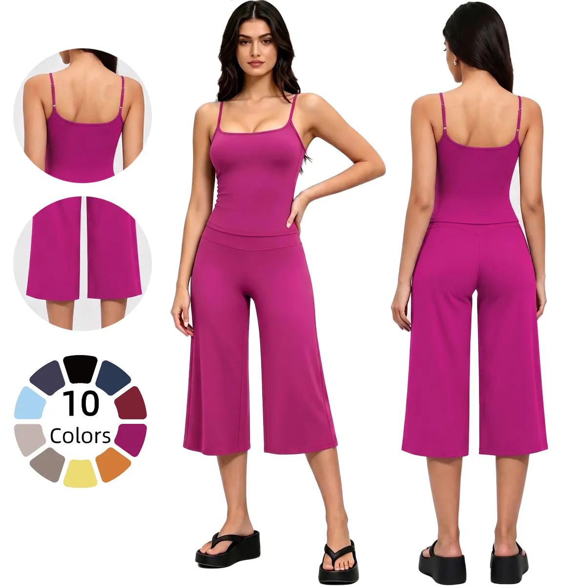 Two Piece Womens Workout Set Spaghetti Straps Crop Top Matching Wide Leg Capri Pants Gym Pilates Outfits Activewear Set Exercise Clothing Set Fitness Outfit Athleisure Casual Activewear Set Bodycon Workout Set All Season Activewear