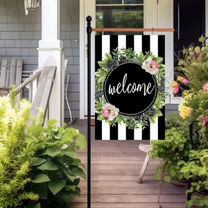 Charming Spring Welcome Garden Flag - Double-Sided, Rustic Farmhouse Style with Floral & Striped Design, Durable Polyester, Fits Standard Flagpoles,  Ideal Outdoor Decor Gift for Family & Friends Home Flowers Patio