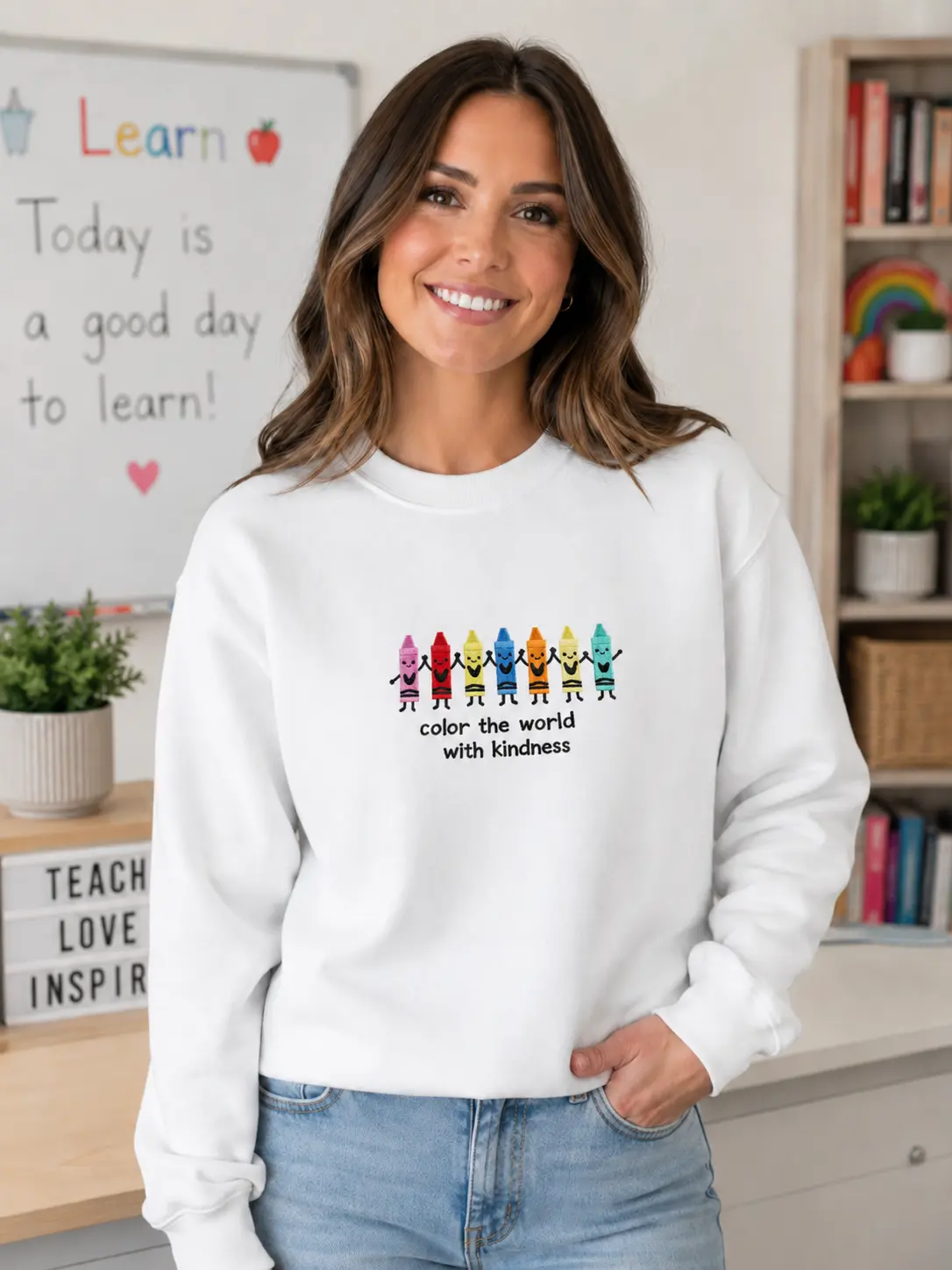 Color The World With Kindness Embroidered Sweatshirt, Teacher Appreciation Crewneck, Back to School Teacher Gift, Kindness Shirt