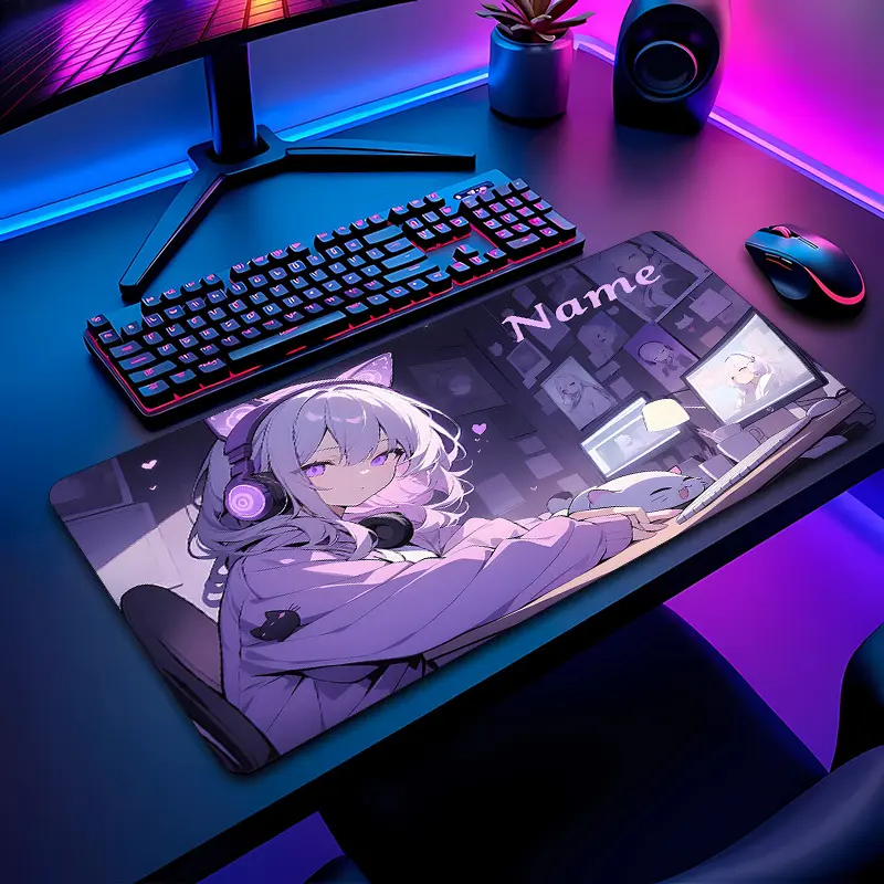 Anime Girl Gaming Desk Mat & Mouse Pad - Custom Name Personalized Non-Slip Rubber Base, Large Keyboard & Mouse Surface with Japanese Anime Characters, Home Office & PC Gaming Accessories, Ideal Gift for Gamers