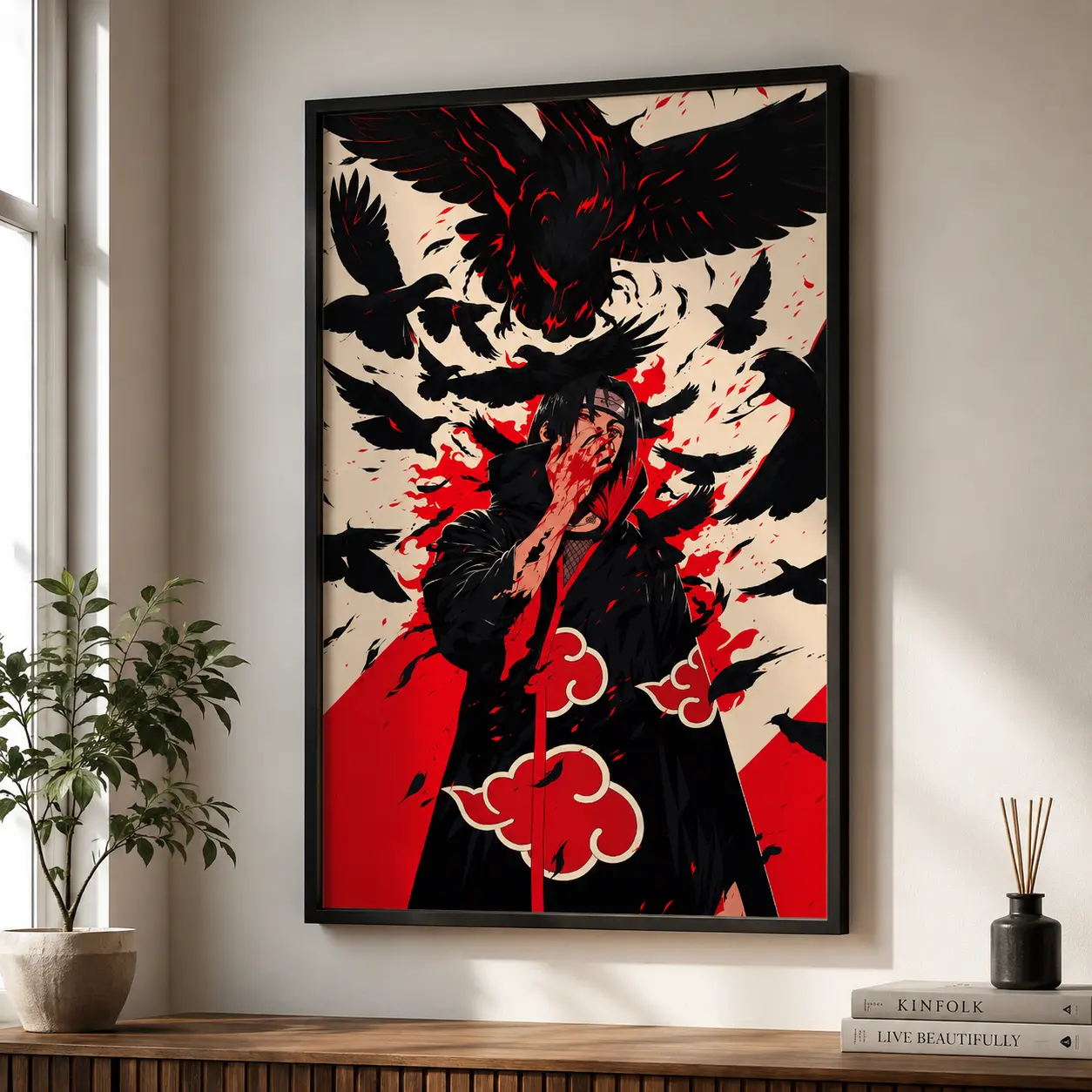 Dark Ninja & Crows Anime Poster – Red Cloud Wall Art