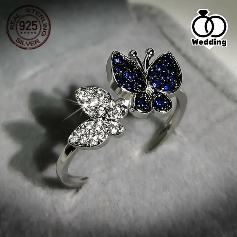 Women's Elegant Butterfly Ring in 925 Sterling Silver with Mosaic Pave Zirconia, Cute Promise Jewelry for Daily & Wedding Occasions, Adults, Female, All Fit, Synthetic Diamond, Valentine's Day