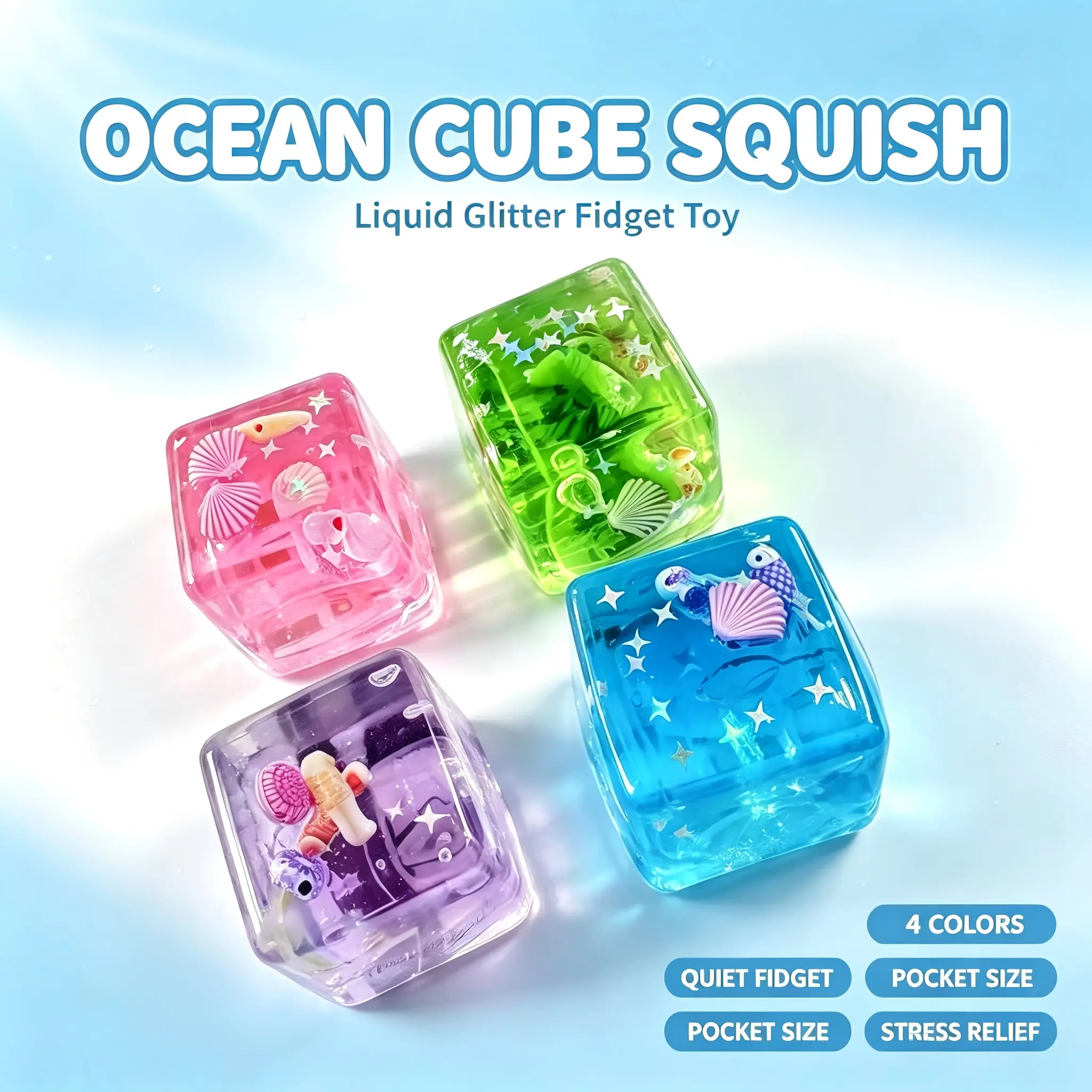 cean Cube Liquid Glitter Squish Fidget Toy, Clear Jelly Sea Animal Pocket Stress Relief Cube, Quiet Silent Sensory Anxiety Toy, Portable Mini Desk Squishy Gift for Kids Teens Adults, 4 Pastel Ocean Colors