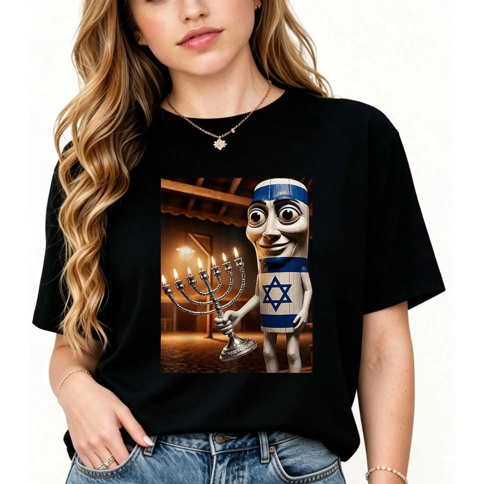 Hanukkah Doll With Menorah T-Shirt Cotton Clothing Streetwear