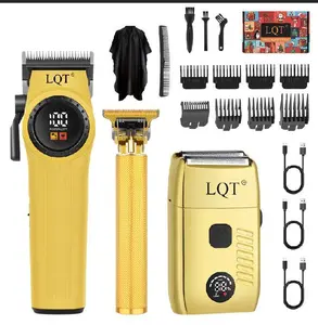 LQT Bright Gold & Yellow Barber Clipper Set, 3-in-1 Cordless Grooming Kit with Hair Clipper, Detail Trimmer & Foil Shaver, LCD Display Rechargeable Tools for Men, Complete Haircut Accessories Included
